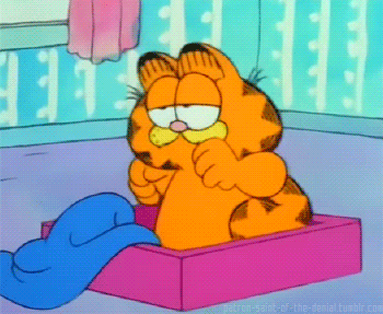 a gif of Garfield the cat yawning in his sleeping box